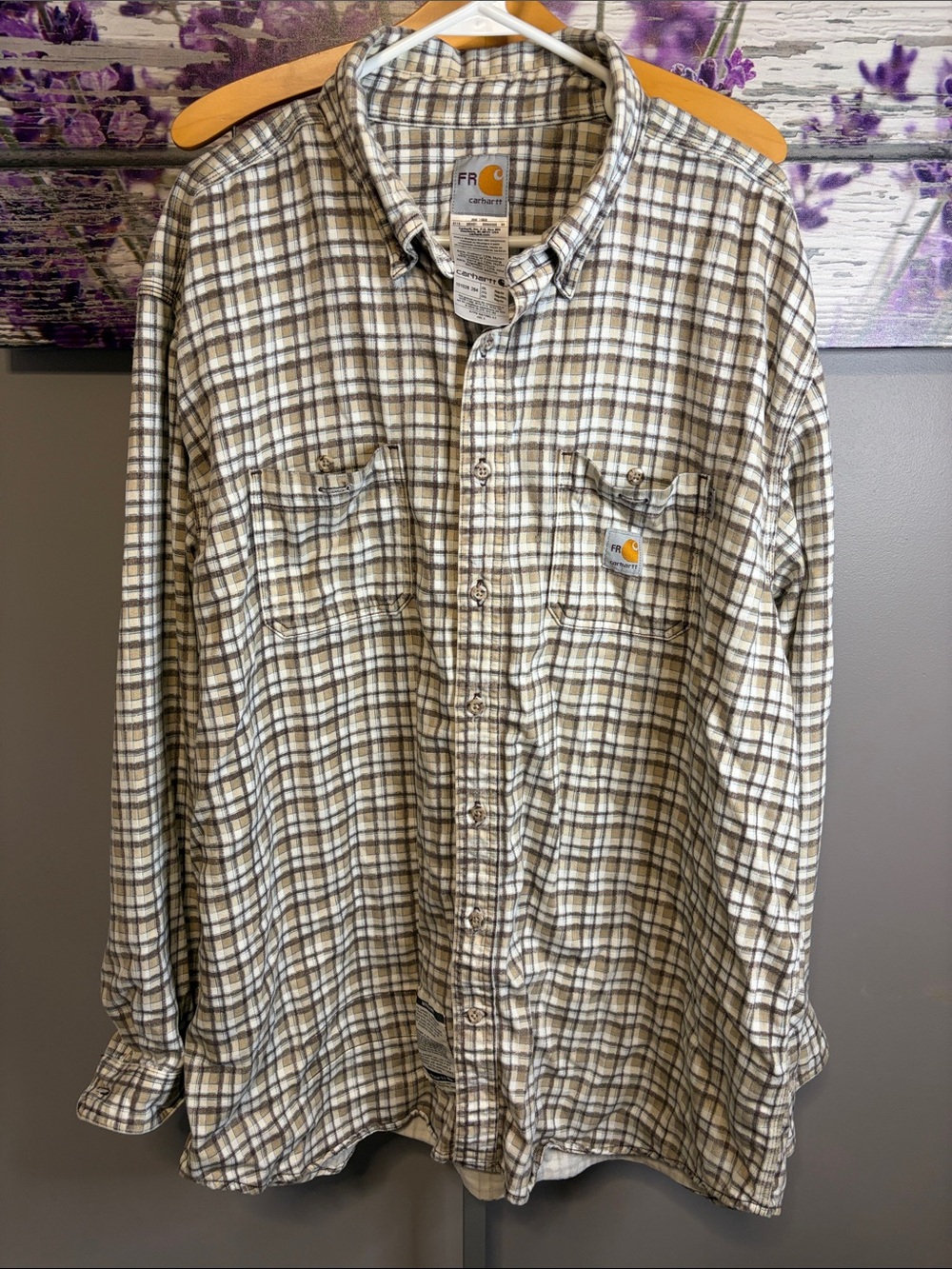 Carhartt Fire Resistant Men’s Tan and Brown Plaid Button-Down Work Shirt Size 2X
